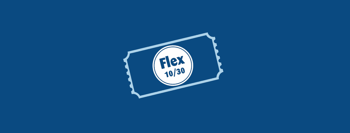 En illustrerad bild visar en biljett med ordet "Flex 10/30".