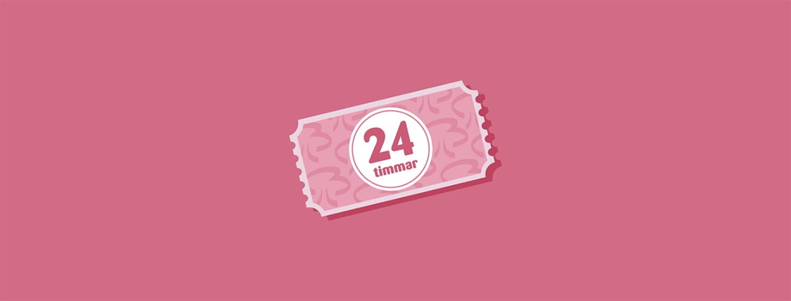 En illustrerad bild visar en biljett med ordet "24 timmar".